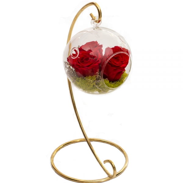 Aranjament cu 3 trandafiri criogenati in bol de sticla pe suport metalic